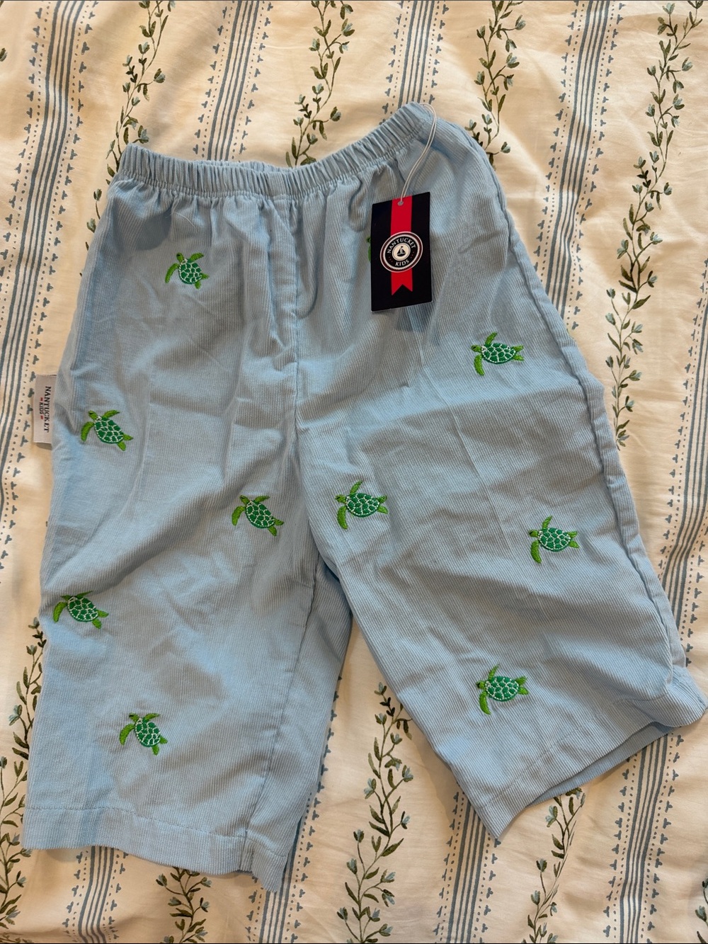 Light Blue Kids Casual Shorts with Green Turtle Embroidery